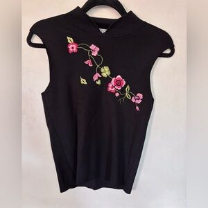 Carlisle Black Sleeveless Top with Pink Floral Embroidery